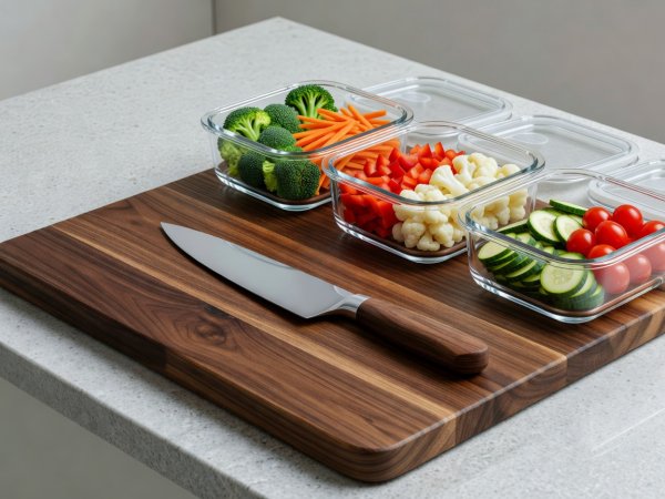 Soft-lit 3D render of a wooden cutting board with a chef knife and partitioned glass food containers
