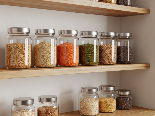 Soft-lit 3D render of organized pantry glass jars with grains and lentils on a shelf