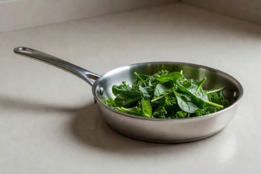 Soft-lit 3D render of a heavy high-sided skillet on an induction stovetop