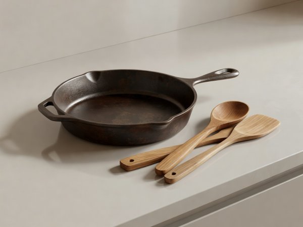 Soft-lit 3D render of a seasoned skillet with wooden tools on a clean counter