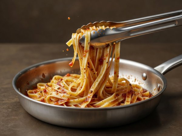 Soft-lit 3D render of pasta being tossed in a glossy sauce reduction with metal tongs