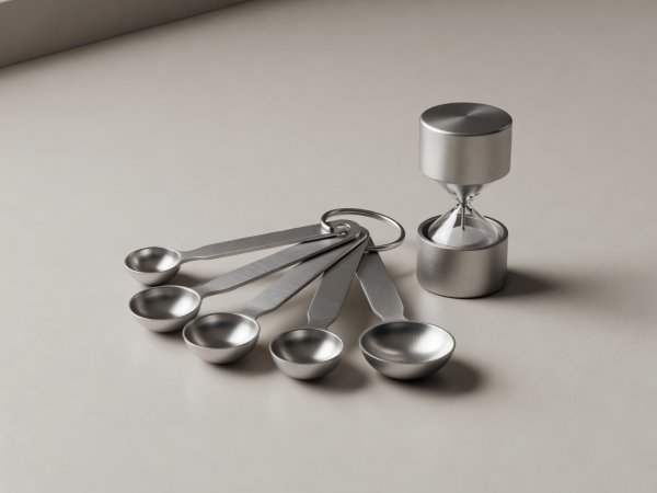 Soft-lit 3D render of stainless steel measuring spoons and an egg timer